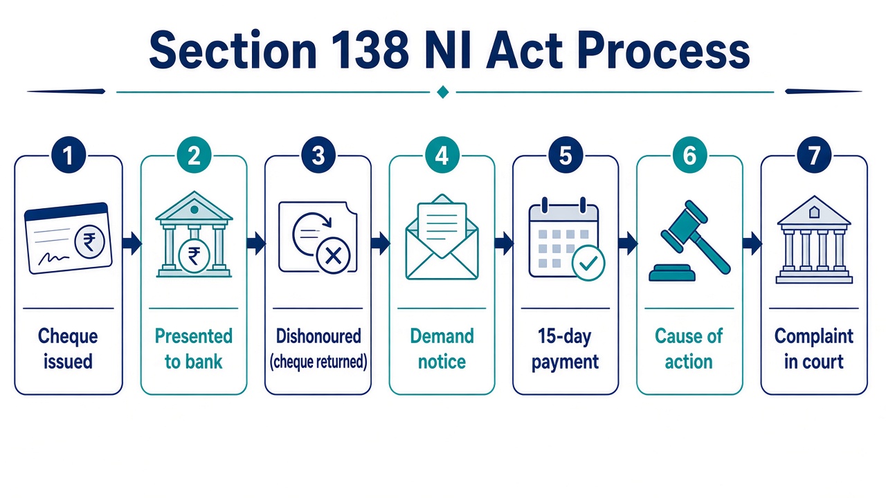 Section 138 NI Act cheque bounce process from cheque issued to complaint in court